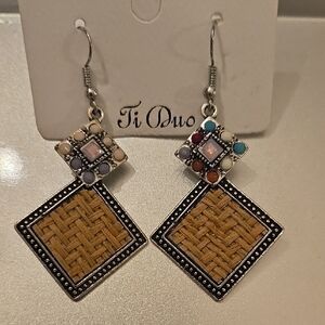 Silver and Brown Textured Square Earrings
